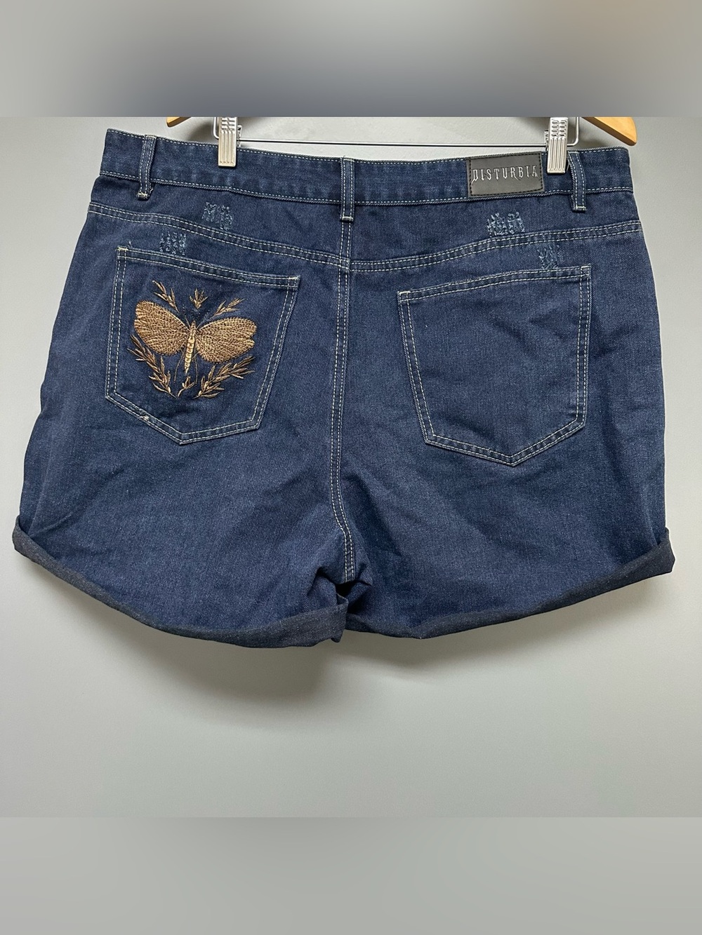 Disturbia Griffinfly Embroidered Denim Shorts Women's Waist 38 In Distressed